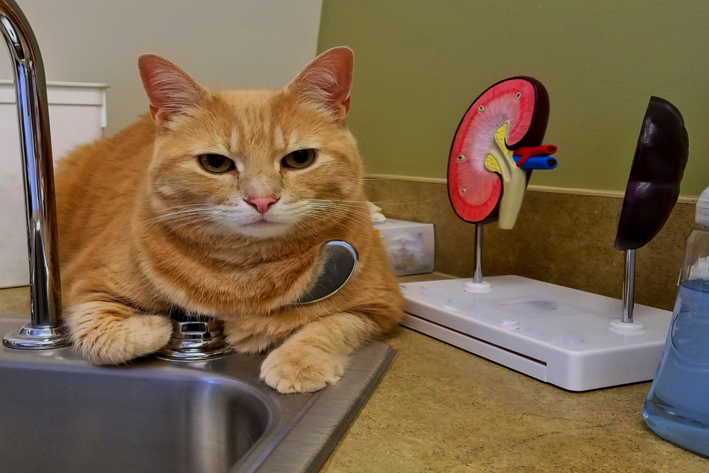 Cat relaxing in a clinic sink during a veterinary visit