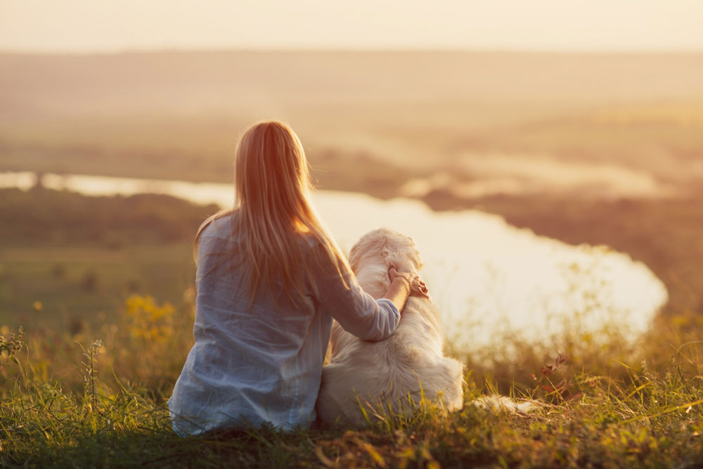 A woman sitting beside her white dog on a grassy hill overlooking a river at sunset, sharing a peaceful moment together.