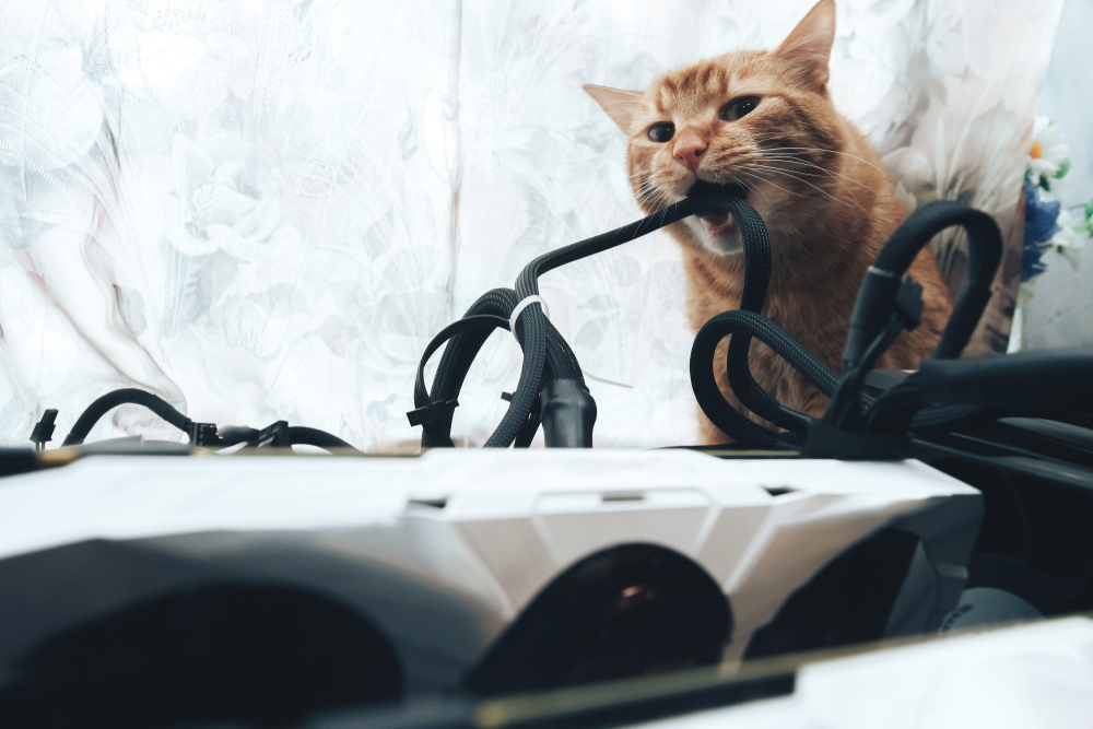 Ginger cat chewing on computer cables, illustrating a common household hazard for pets