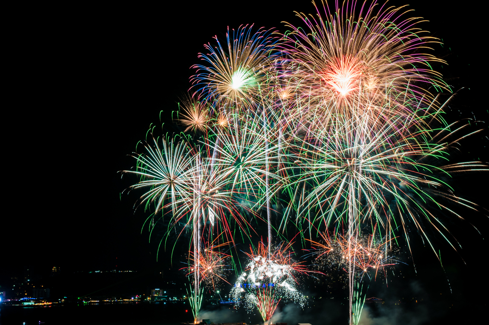 Colorful fireworks bursting over a crowd at night, relevant to pet noise anxiety and phobia